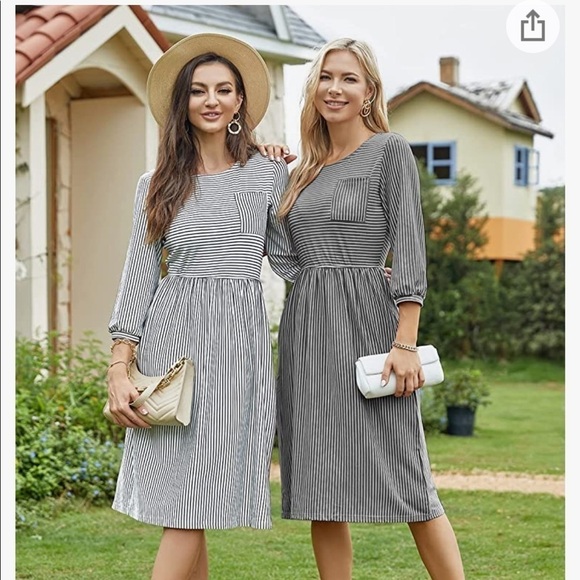 MEROKEETY Women's 3/4 Balloon Sleeve Striped High Waist Dress with pockets - Picture 3 of 11